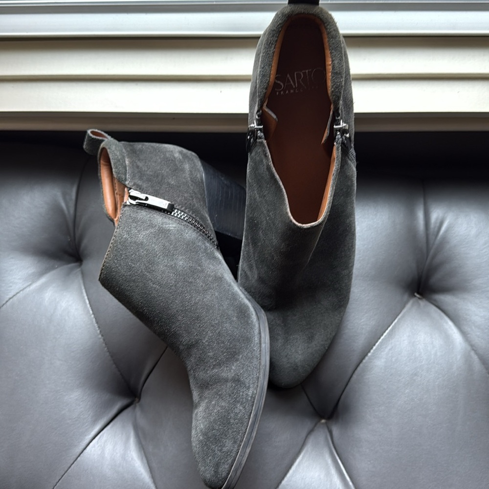 Franco Sarto Booties- Leather upper, suede, granite color. Size 8.